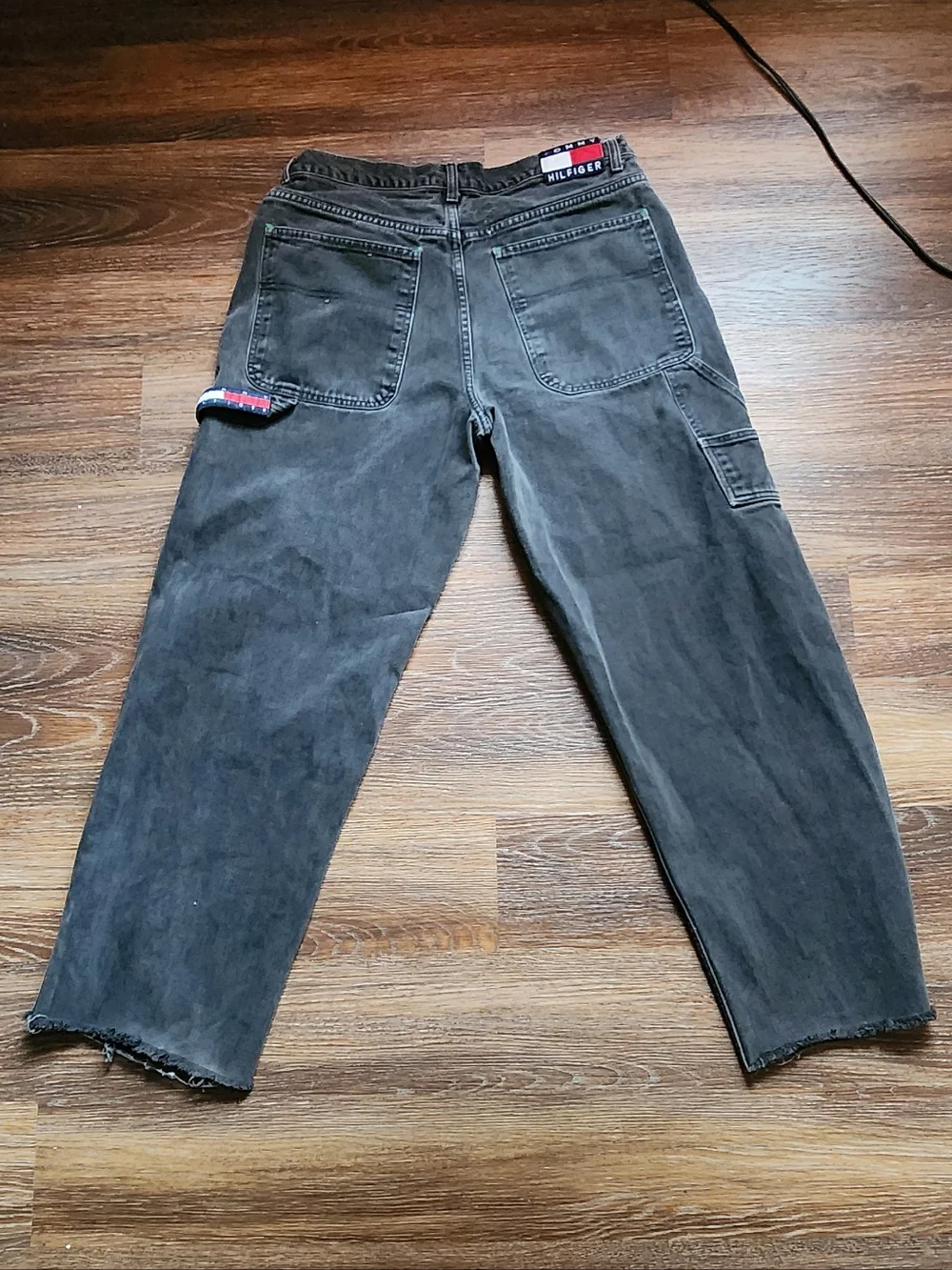 VTG Y2K TOMMY HILFIGER Baggy Wide Leg Carpenter Black Jeans Raw Hem Sz W36x32